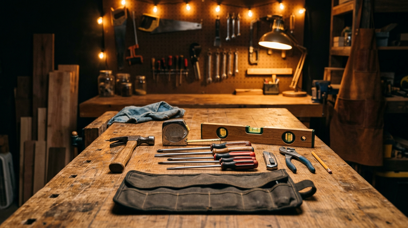 Hand tools including hammer, tape measure, screwdrivers, and level arranged on a workshop workbench